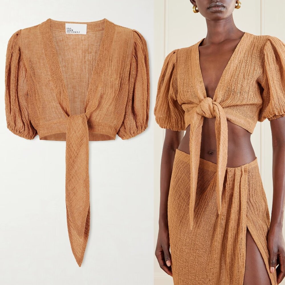LISA MARIE FERNANDEZ NWT orange pouf cropped linen-blend gauze wrap top size 3